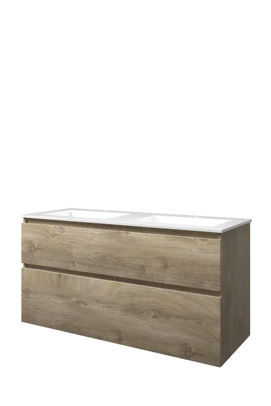 Must-Have Proline Elegant badmeubel met polystone wastafel met 2 kraangaten en onderkast a-symmetrisch - Raw oak/Glans wit - 120x46cm (bxd)