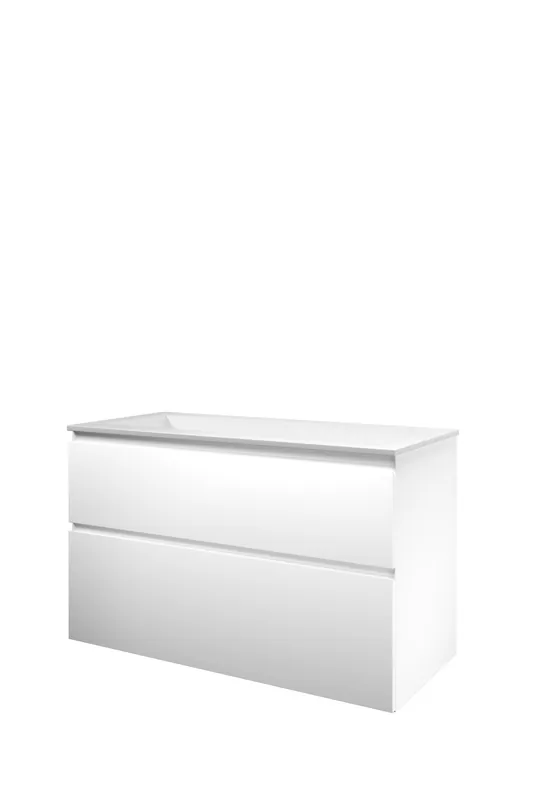 Proline Elegant badmeubel met polystone wastafel zonder kraangat en onderkast a-symmetrisch - Mat wit/Glans wit - 100x46cm (bxd) Flitsaanbieding