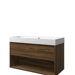 Proline Loft badmeubel met open vak met polystone wastafel met 1 kraangat - Cabana oak/Mat wit - 100x46cm (bxd) Gratis Retour
