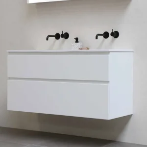 Proline Elegant badmeubel met polystone wastafel zonder kraangaten en onderkast 4 laden a-symmetrisch - Ideal oak/Mat wit - 120x46cm (bxd) Nu Kopen