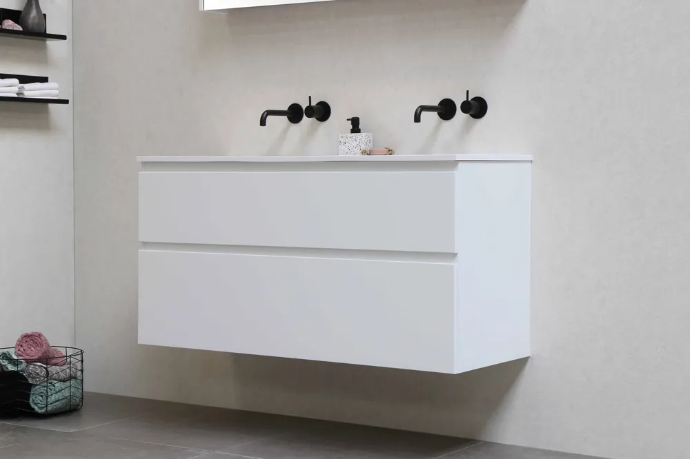 Proline Elegant badmeubel met polystone wastafel zonder kraangaten en onderkast 4 laden a-symmetrisch - Ideal oak/Mat wit - 120x46cm (bxd) Nu Kopen