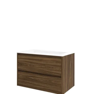 Proline Elegant badmeubel met polystone wastafel zonder kraangat en onderkast symmetrisch - Cabana oak/Mat wit - 80x46cm (bxd) Direct Beschikbaar