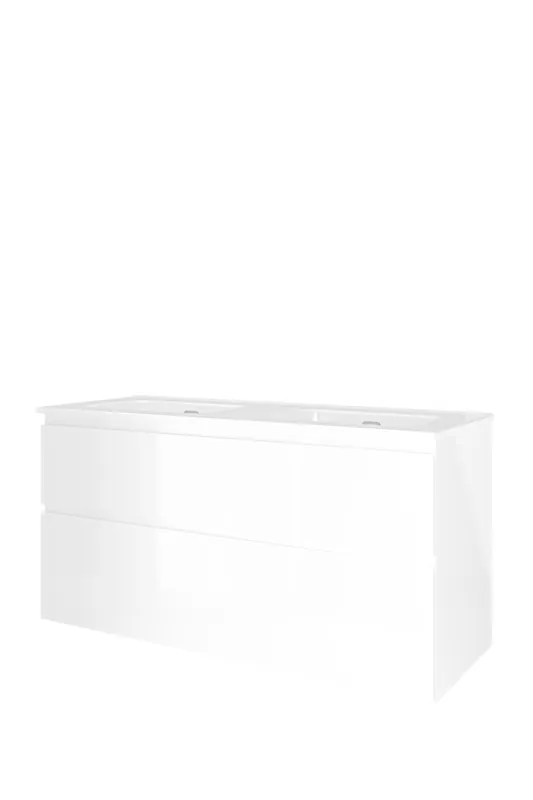 Proline Elegant badmeubel met keramische wastafel dubbel zonder kraangaten en onderkast a-symmetrisch - Glans wit - 120x46cm (bxd) Garantie Inbegrepen