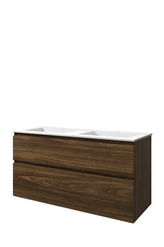Authentiek Proline Elegant badmeubel met polystone wastafel met 2 kraangaten en onderkast a-symmetrisch - Cabana oak/Mat wit - 120x46cm (bxd)