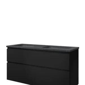 Proline Elegant badmeubel met hardsteen wastafel met 2 kraangaten en onderkast a-symmetrisch - Mat zwart - 120x46cm (bxd) Koop Online