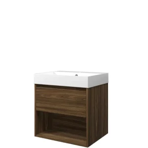 Direct Verzonden Proline Loft badmeubel met open vak met polystone wastafel met 1 kraangat - Cabana oak/Glans wit - 60x46cm (bxd)