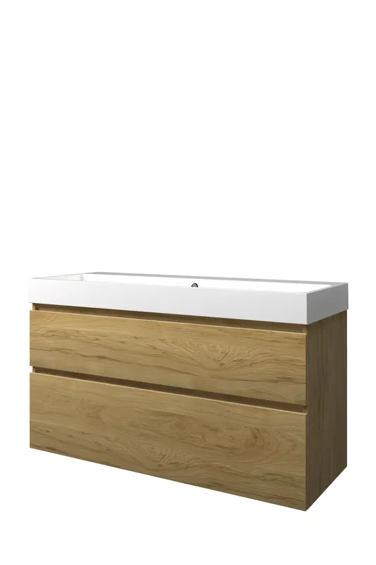 Populair Proline Loft badmeubel met polystone wastafel zonder kraangat en onderkast a-symmetrisch - Ideal oak/Glans wit - 120x46cm (bxd)