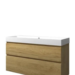 Proline Loft badmeubel met polystone wastafel zonder kraangat en onderkast a-symmetrisch - Ideal oak/Mat wit - 120x46cm (bxd) Geld-Terug-Garantie