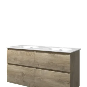 Luxe Proline Elegant badmeubel met keramische wastafel met 2 kraangaten en onderkast 4 laden a-symmetrisch - Raw oak - 120x46cm (bxd)