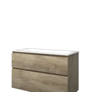 Plaats Bestelling Proline Elegant badmeubel met polystone wastafel zonder kraangat en onderkast a-symmetrisch - Raw oak/Glans wit - 100x46cm (bxd)
