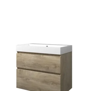 Proline Loft badmeubel met polystone wastafel zonder kraangat en onderkast a-symmetrisch - Raw oak/Mat wit - 80x46cm (bxd) Origineel
