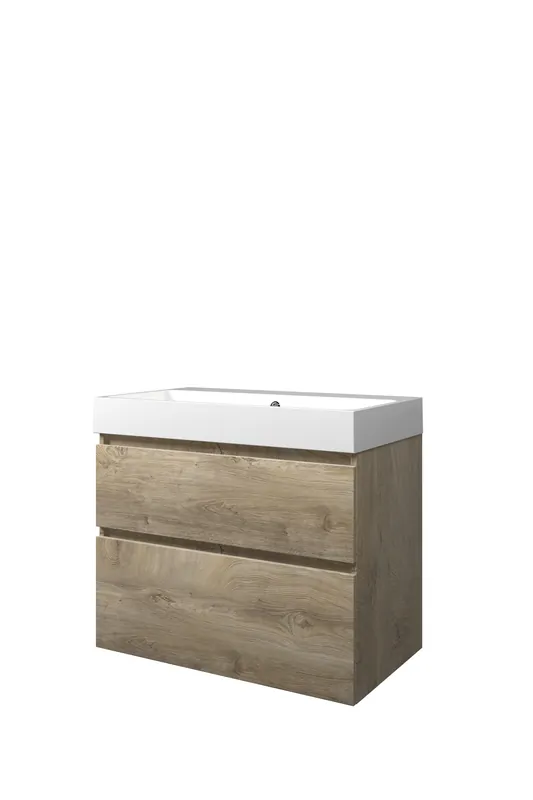 Proline Loft badmeubel met polystone wastafel zonder kraangat en onderkast a-symmetrisch - Raw oak/Mat wit - 80x46cm (bxd) Origineel