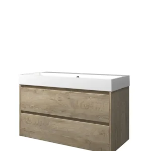 Proline Loft badmeubel met polystone wastafel met 1 kraangat en onderkast symmetrisch - Raw oak/Glans wit - 100x46cm (bxd) Speciale Aanbieding