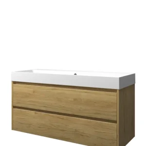 Proline Loft badmeubel met polystone wastafel zonder kraangat en onderkast symmetrisch - Ideal oak/Mat wit - 120x46cm (bxd) Ambachtelijk