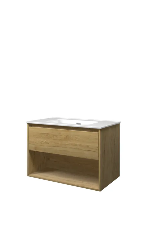 Hoge Kwaliteit Proline Elegant badmeubel met open vak met keramische wastafel zonder kraangat - Ideal oak - 80x46cm (bxd)