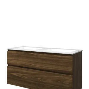 Proline Elegant badmeubel met polystone wastafel zonder kraangaten en onderkast a-symmetrisch - Cabana oak/Glans wit - 120x46cm (bxd) Authentiek