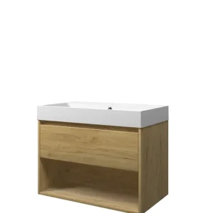 Aanbieding Proline Loft badmeubel met open vak met polystone wastafel met 1 kraangat - Ideal oak/Mat wit - 80x46cm (bxd)