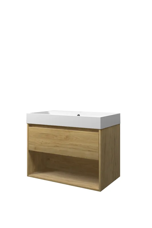 Aanbieding Proline Loft badmeubel met open vak met polystone wastafel met 1 kraangat - Ideal oak/Mat wit - 80x46cm (bxd)