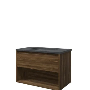 Proline Elegant badmeubel met open vak met hardsteen wastafel zonder kraangat - Cabana oak - 80x46cm (bxd) Alleen Vandaag