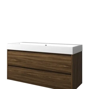 Proline Loft badmeubel met polystone wastafel met 1 kraangat en onderkast symmetrisch - Cabana oak/Glans wit - 120x46cm (bxd) Goedkoop