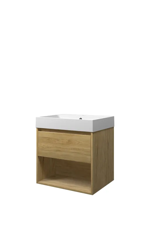 Proline Loft badmeubel met open vak met polystone wastafel met 1 kraangat - Ideal oak/Mat wit - 60x46cm (bxd) Weekendaanbieding