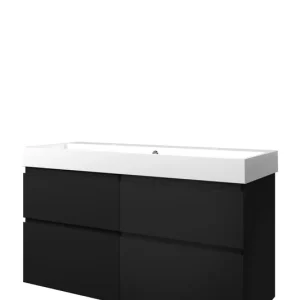 Laatste Kans Proline Elegant badmeubel met polystone wastafel met 2 kraangaten en onderkast 4 laden a-symmetrisch - Mat zwart/Glans wit - 120x46cm (bxd)