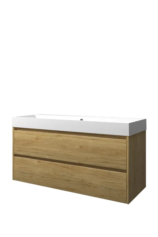Proline Loft badmeubel met polystone wastafel met 2 kraangaten en onderkast symmetrisch - Ideal oak/Mat wit - 120x46cm (bxd) Limited Edition