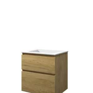 Proline Elegant badmeubel met polystone wastafel zonder kraangat en onderkast a-symmetrisch - Ideal oak/Mat wit - 60x46cm (bxd) Nieuwe Collectie