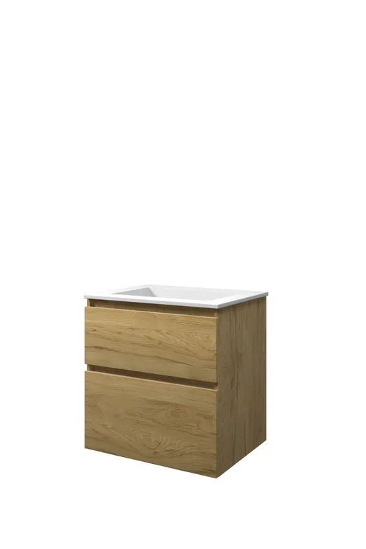 Proline Elegant badmeubel met polystone wastafel zonder kraangat en onderkast a-symmetrisch - Ideal oak/Mat wit - 60x46cm (bxd) Nieuwe Collectie