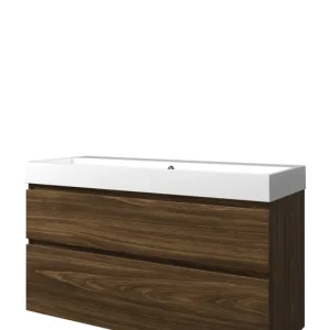 Bulkbestelling Proline Loft badmeubel met polystone wastafel zonder kraangat en onderkast a-symmetrisch - Cabana oak/Glans wit - 120x46cm (bxd)