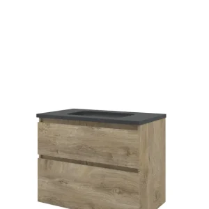 Proline Elegant badmeubel met hardsteen wastafel met 1 kraangat en onderkast a-symmetrisch - Raw oak - 80x46cm (bxd) Must-Have