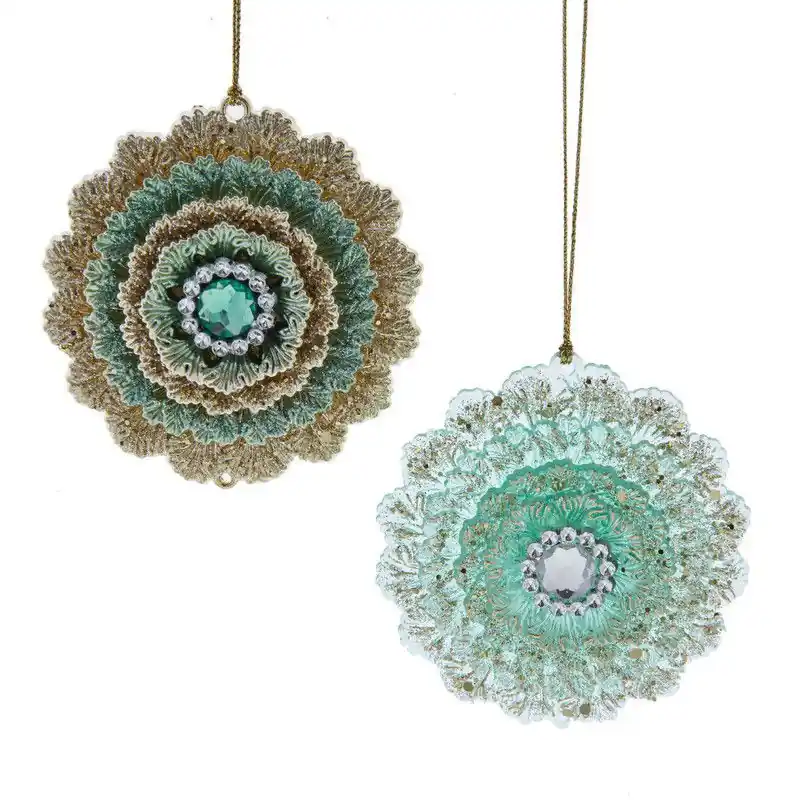 Seizoensaanbieding Plastic aqua/gouden bloem 2A 8 cm ornament