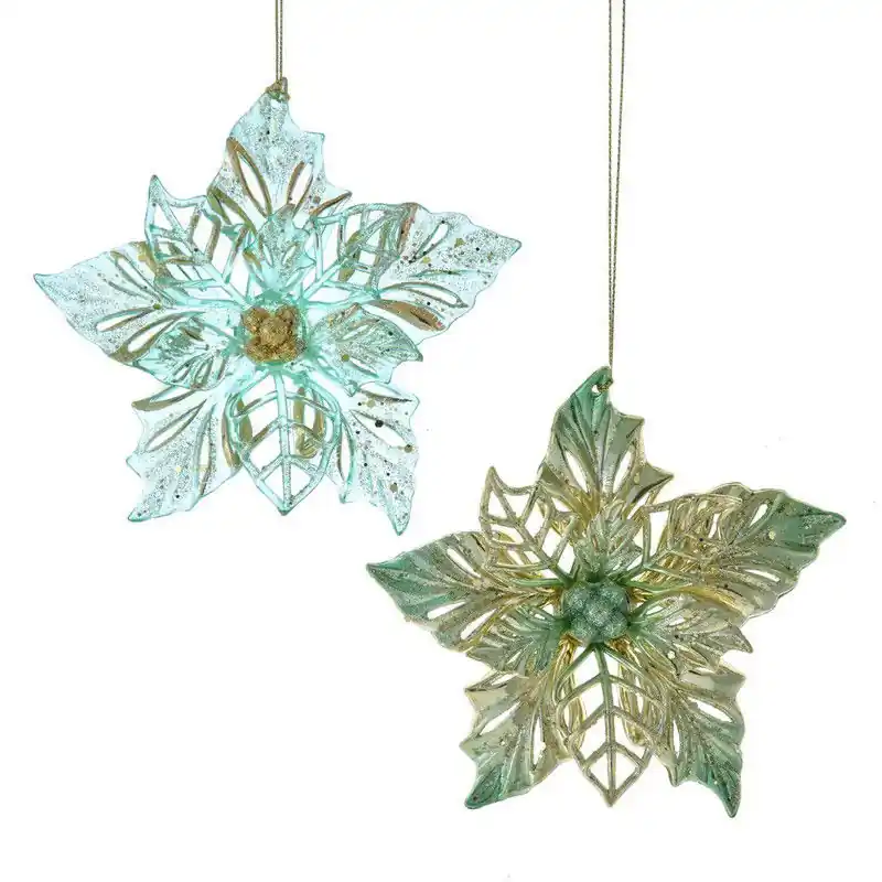 Plastic aqua/goud poinseta 2A 14 cm ornament Uitverkoop
