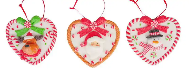 3.875 inch H Clay Dough Heart W/ Santa/ Snowman/ Reindeer Orna X 5x5x10 cm kerstornament Fabrieksprijs