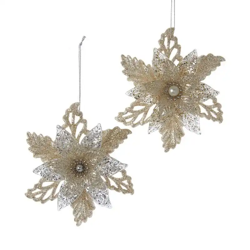 Seizoensaanbieding Ornament plastic bloem goud zilver l12cm