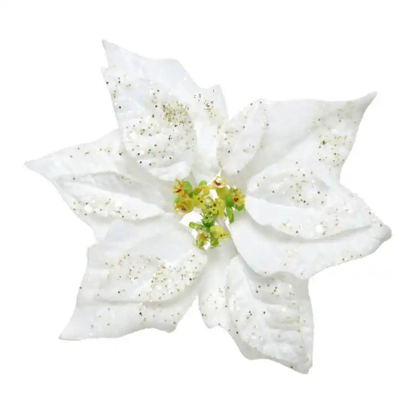 Professioneel Kerstversiering bloem - wit glitter - op clip - 20 cm - Kersthangers