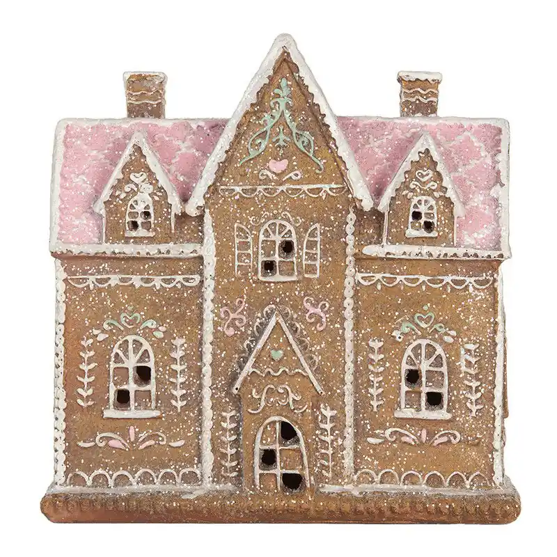 Topkwaliteit Clayre & Eef Gingerbread house met LED 21x8x20 cm Bruin Kunststof