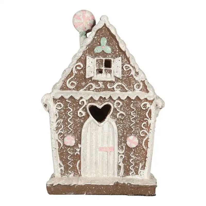 Seizoensaanbieding Clayre & Eef Gingerbread house met LED 14x9x21 cm Bruin Kunststof