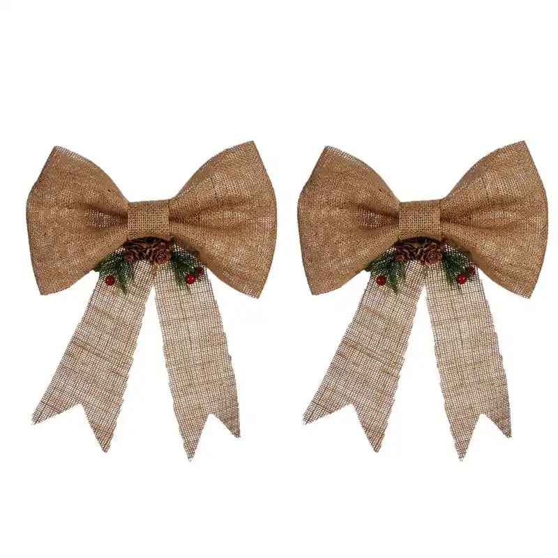2x stuks kerstboomversieringen ornament strikjes/strikken jute beige 25 x 26 cm - Kersthangers Nieuwe Collectie