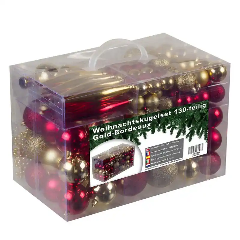 4seasonz® Kerstballen Set 130 Ballen met Piek & Parelketting - Goud-Bordeaux Veilige Betaling