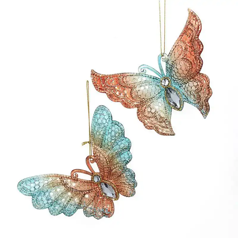 4-4.3 inch Plastic Teal & Desert Rose Butterfly Orn 2/Asstd 5x5x10 cm kerstornament Gratis Retour