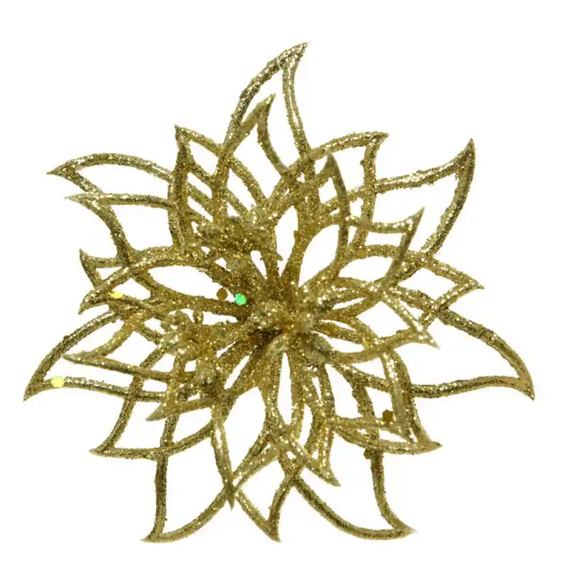Plaats Bestelling Decoris Decoratie bloem - goud - op clip - 14 cm - glitter - Kersthangers
