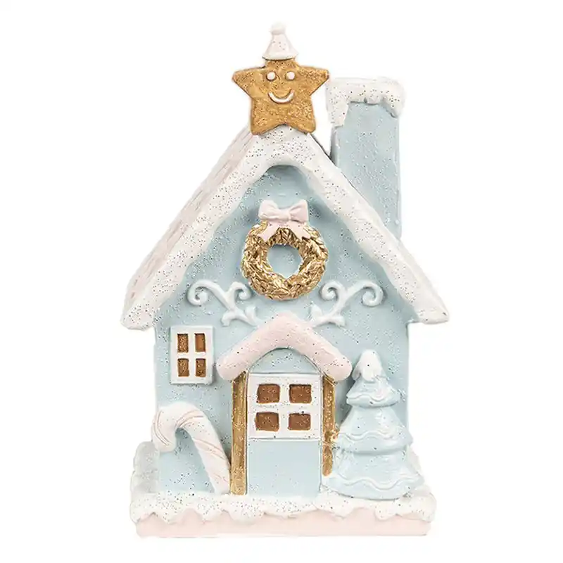 Tijdelijk Beschikbaar Clayre & Eef Gingerbread house met LED 9x8x15 cm Blauw Polyresin