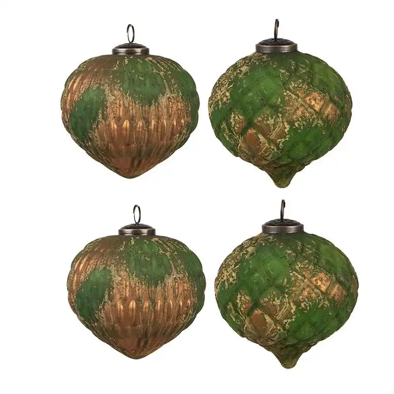 Seizoensaanbieding Clayre & Eef Kerstbal Set van 4 Ø 13x13 cm Bruin Groen Glas