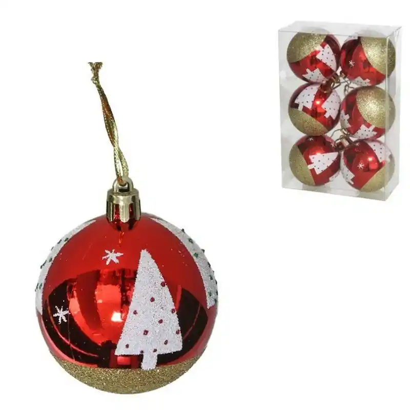 In De Mode Gerimport Kerstballen- 6x - 6 cm - kunststof - rood met kerstboom - Kerstbal