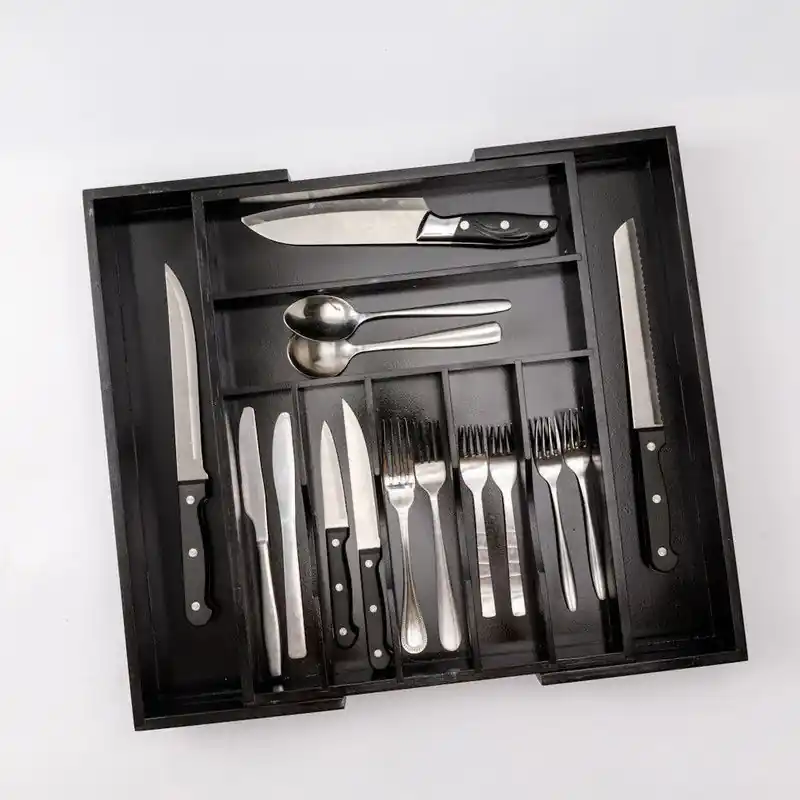 Premium Decopatent® Uitschuifbaar bestekbak - Besteklade - 7 Vaks -> Uitschuifbaar naar 9 Vakken - Bestekbakken organizer - Bamboe - Zwart