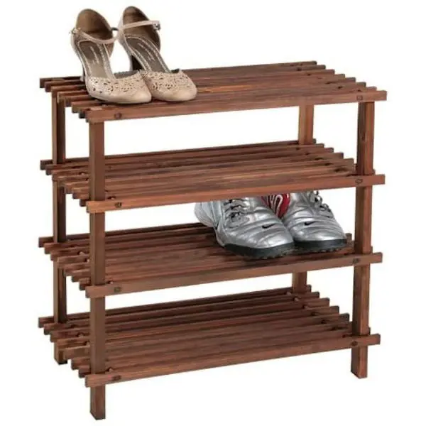 Gecertificeerd FSC® Dennenhouten Schoenenrek, 4 Verdiepingen voor 12 Paar Schoenen | Schoenenkast | Schoenen Rek | Afm. 54 x 26 x 52 Cm. | Kleur: Donker Dennenbruin