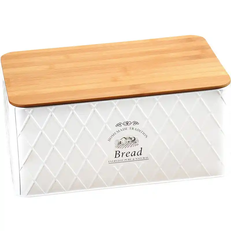 Broodtrommel met bamboe snijplank deksel - wit - 21 x 32 x 15 cm - Broodtrommels Exclusief