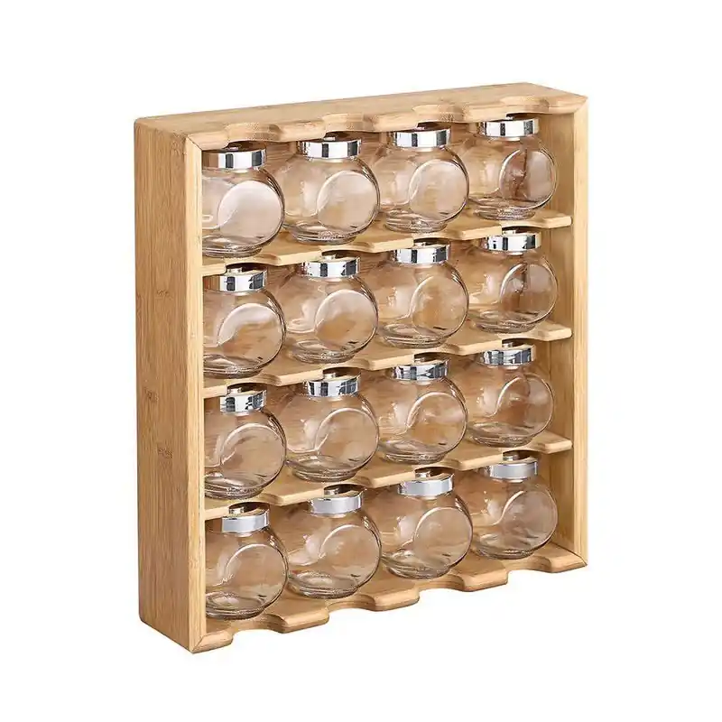 Gereduceerde Prijs Decopatent® Kruidenrekje ophangbaar - Kruidenrek met 16 kruidenpotjes van glas - Keukenrek - Specerijen rek - Bamboe Hout - 4 laag