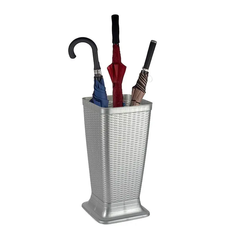 Trendy Plasticforte Paraplubak/parapluhouder - zilvergrijs - rotan gevlochten kunststof - D26 x H52 cm - Paraplubakken